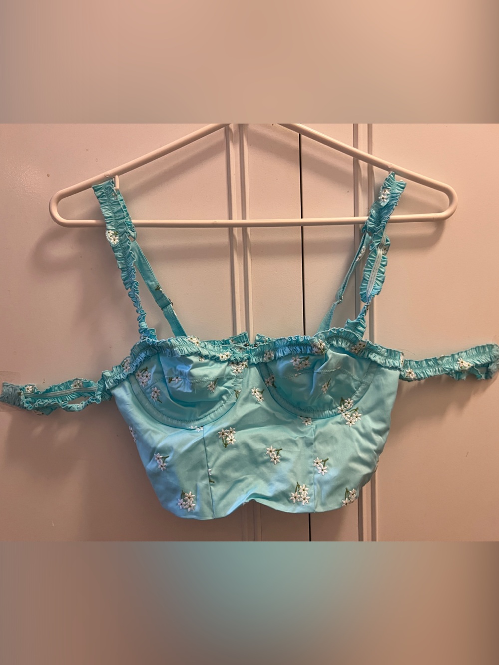 The Bar Brooklyn Embroidered Ruffled Bustier in Sea